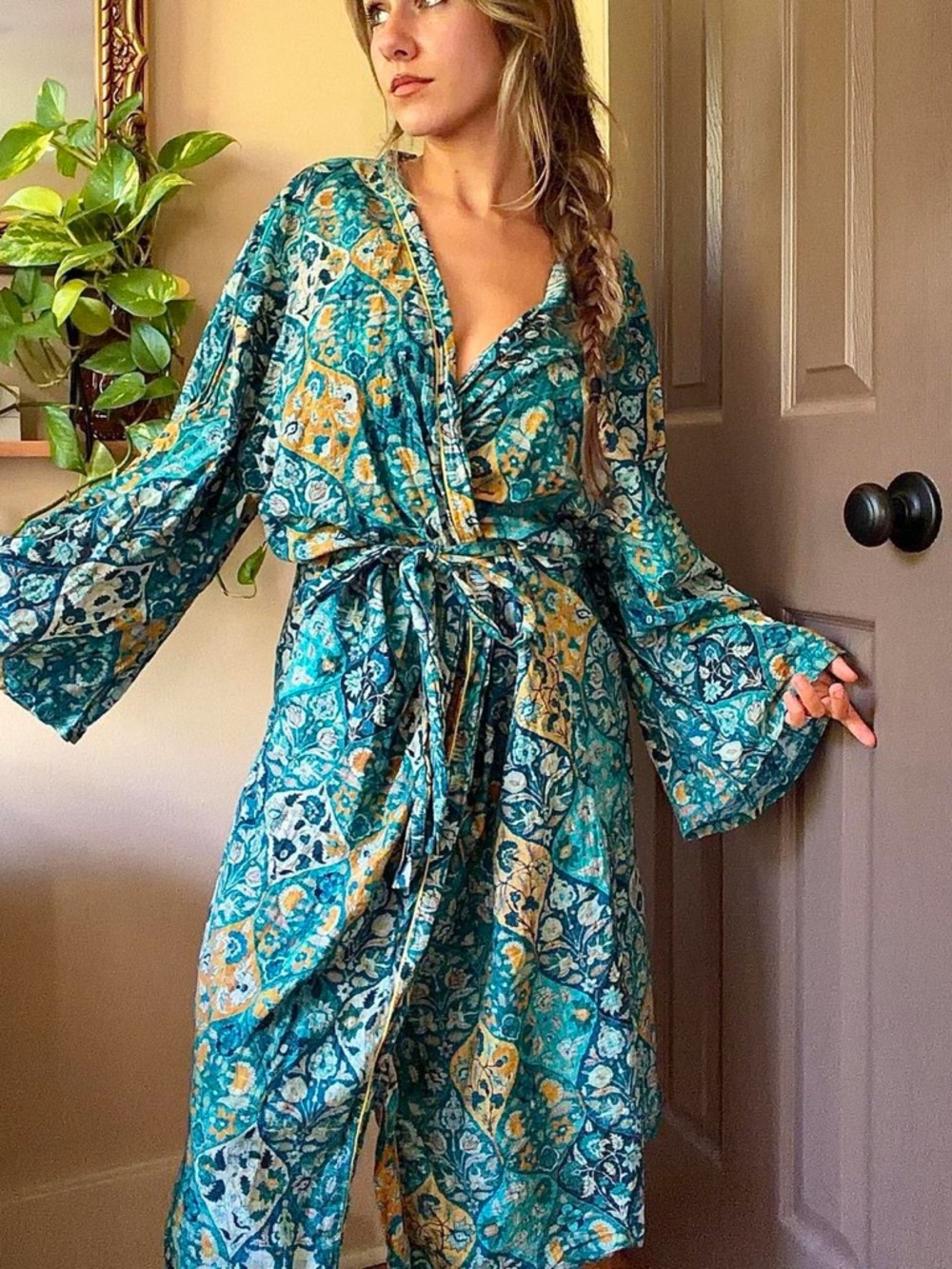 Boho teal floral patterned fairycore stunning cotton lounge robe